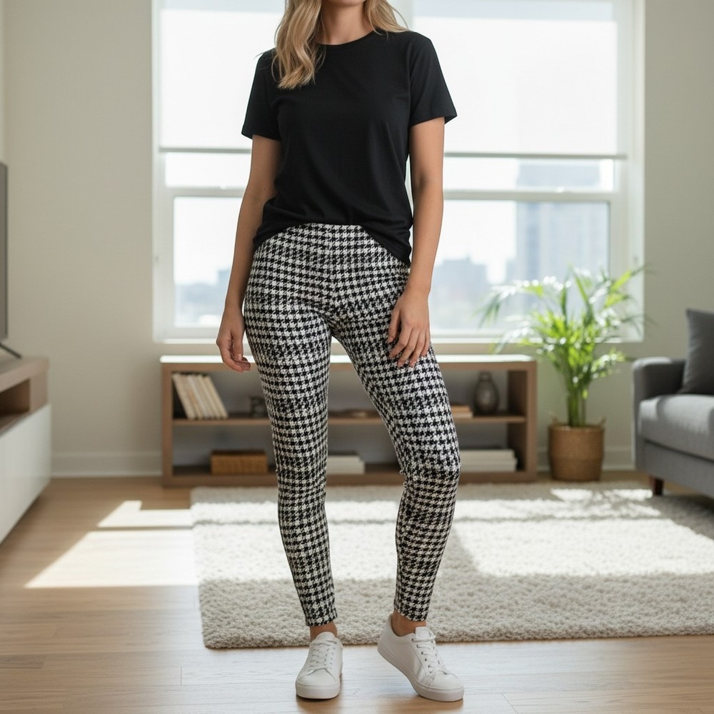 SHEIN Womens 1XL Houndstooth Leggings Black White Elastic Waist Slim Fit Pants